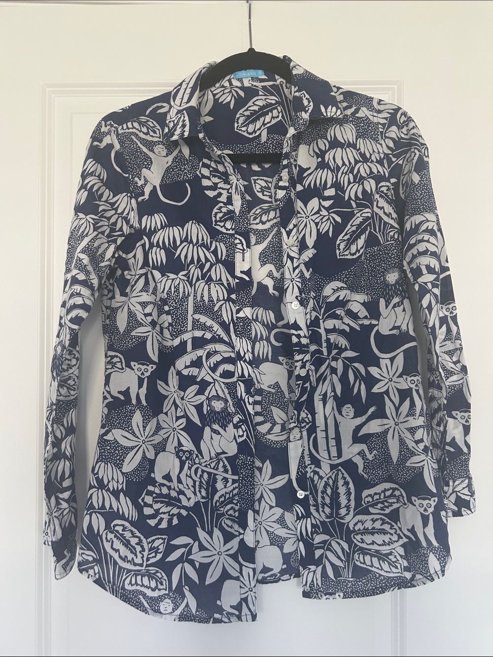 Navy & White Botanical Print Button-Up Blouse